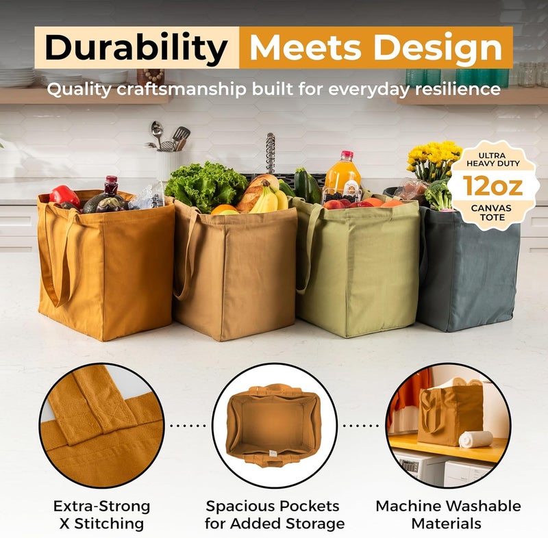 VeraMia Canvas Grocery Bag 3pc XL Set with Real Pockets, Long Shoulder Strap and Short Handle. Heavy Duty, Foldable, Washable - Image 3